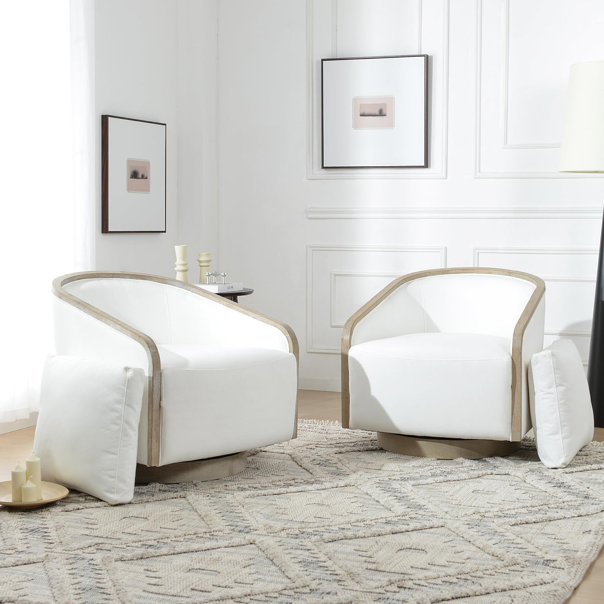 KINWELL 30" Wide Upholstered Swivel Barrel Chair Set of 2, FSC Certified Fully Assembled Fabric Swivel Accent Armchair for Living Room, Bedroom (Pearl White) KINWELL