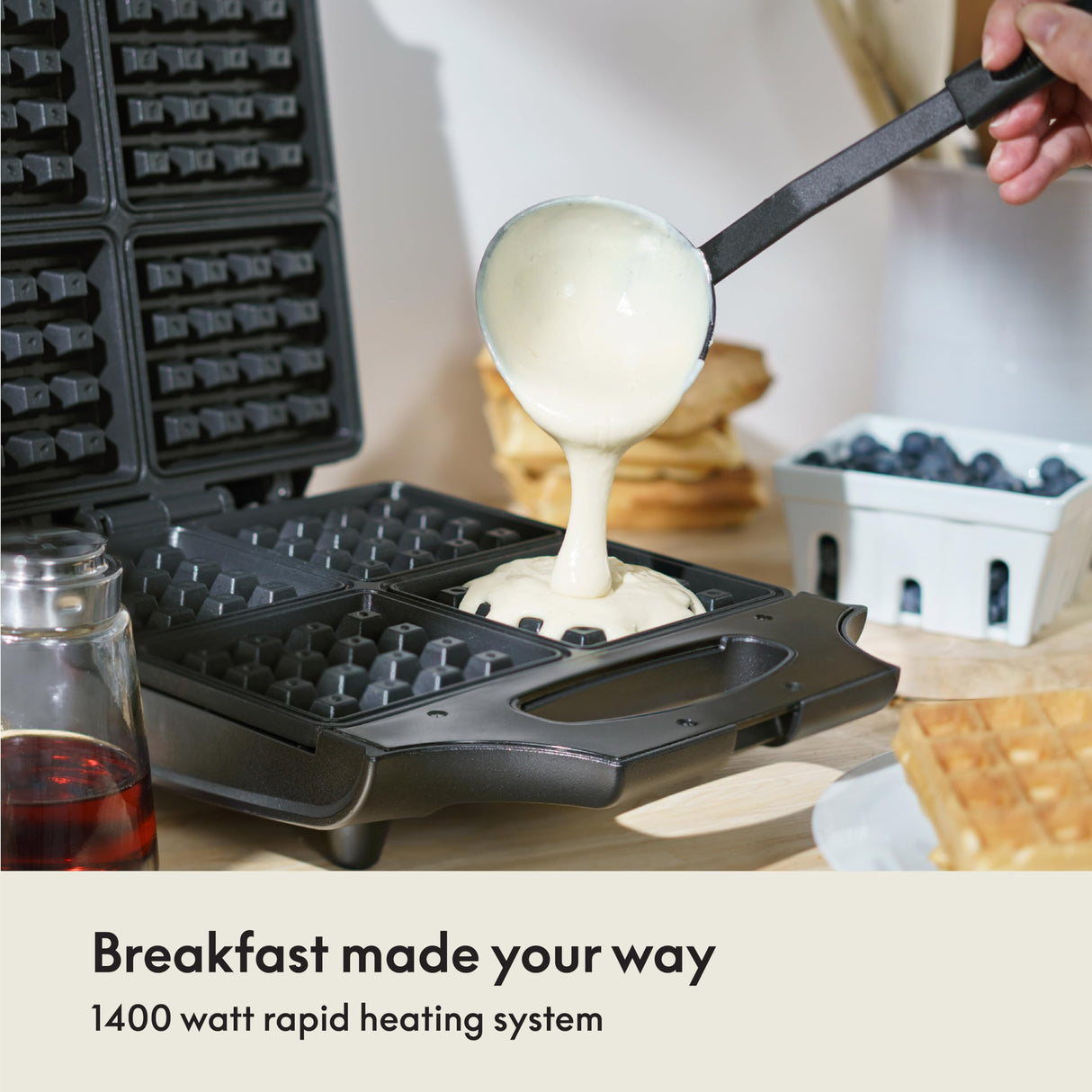 BELLA Classic Waffle Iron, 4 Square Belgian Waffle Maker, Non-stick Extra Large Plates for Easy Cleanup, Cool Touch Handles, Stainless Steel, Black, 1400W BELLA