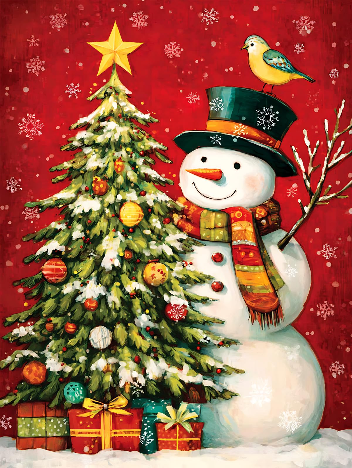 Ohhvvow Diamond Painting Kit - Snowman & Presents-Laden Christmas Tree, Cozy Winter Festive Scene, 5D DIY Full Drill Art Round Diamonds with Tools, Holiday DIY Craft Gift for Women Men Ohhvvow