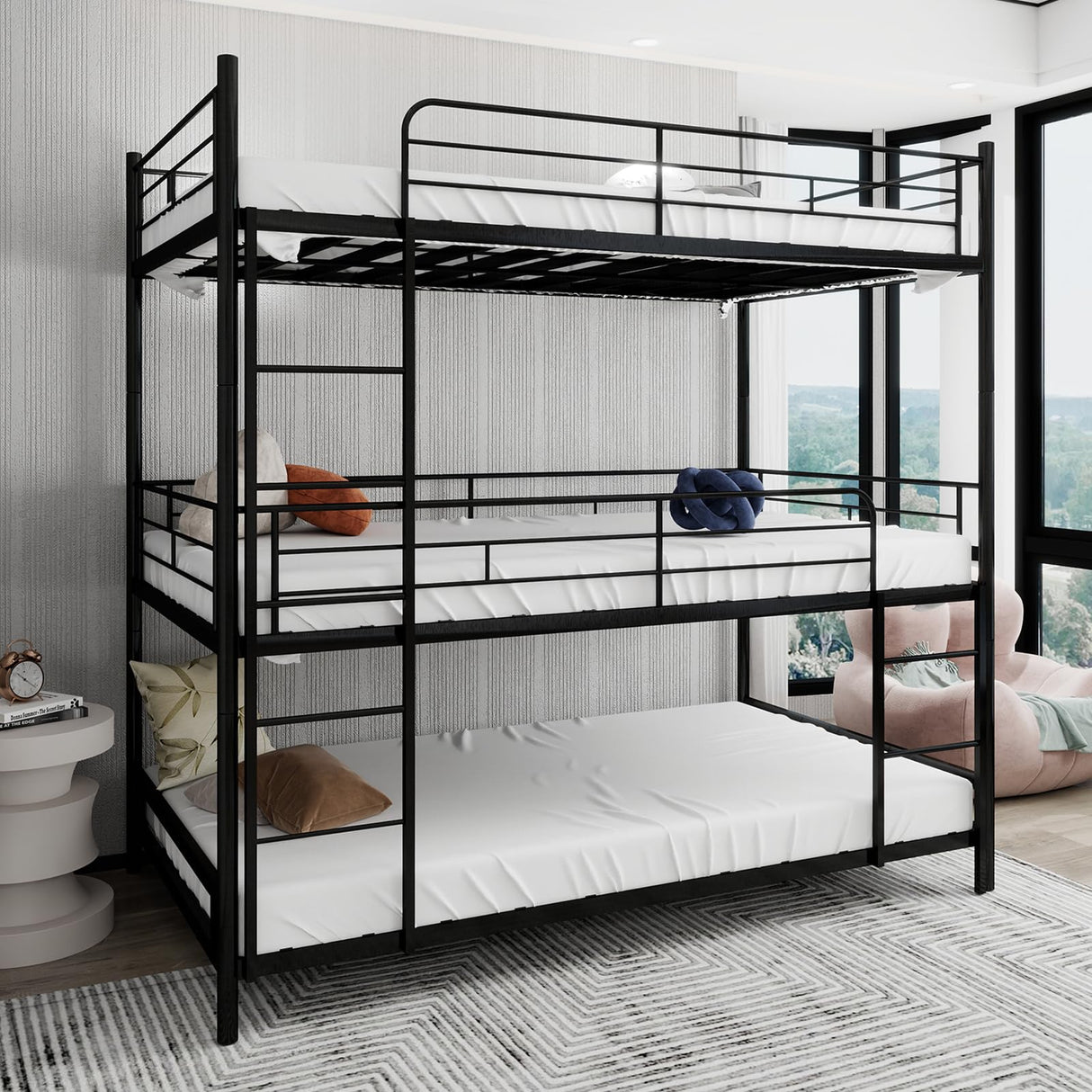 QSOSTNS Metal Triple Bunk Bed, Twin Over Twin Bunk Bed Frame with Side Ladder and Safety Fence, Suitable for Bedrooms, No Box Spring Required, Teens & Adults Bunk Bed, Metal Bunkbeds QSOSTNS