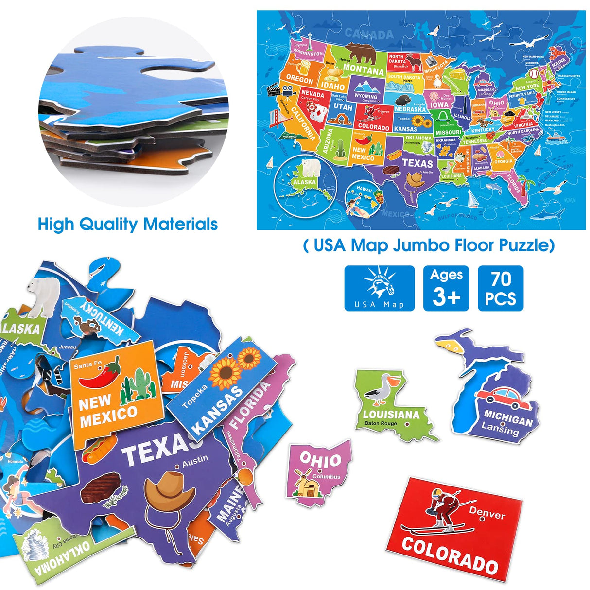 Jumbo Floor Puzzle for Kids,USA Map Puzzle Jigsaw Geography Puzzles,70 Piece US Map Puzzle 50 States with Capitals,United States Puzzle for Ages 3-5,Preschool Learning Toys Gift for 4-8 Years Old IFLOVE