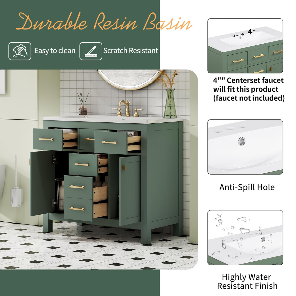 LUMISOL 36" Bathroom Vanity with Sink, Modern Green Bathroom Vanity with 4 Drawers & 2 Soft-Closing Doors, Free Standing Wooden Bathroom Cabinet with Resin Basin, Green LUMISOL