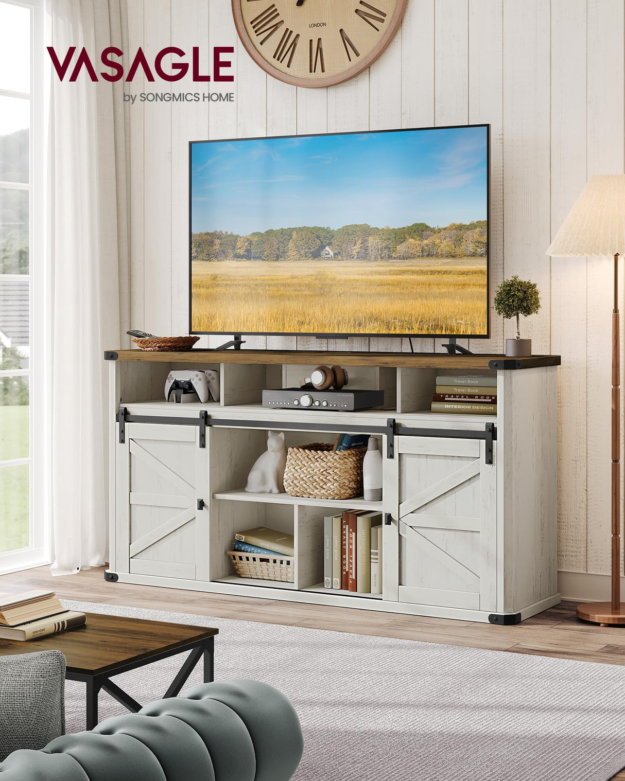 VASAGLE TV Stand for TVs up to 65 Inches, Farmhouse Entertainment Center with Sliding Barn Doors, TV Console Table for Living Room, Rustic White and Honey Brown ULTV322W73 VASAGLE