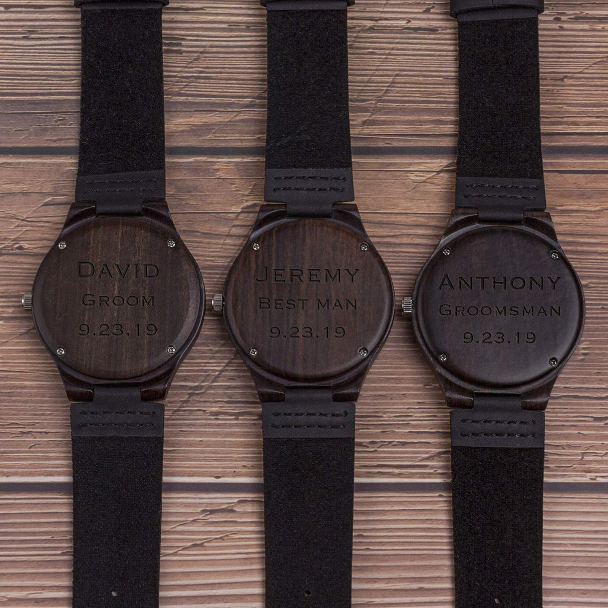 KOSTING Set Groomsmen Gift - Groomsman Gifts for Wedding, Wedding Favor Customized Wood Watch w Gift Box - Engraved Black Leather Strap Wooden Watch Custom Personalized Groomsmen Gifts for Men KOSTING