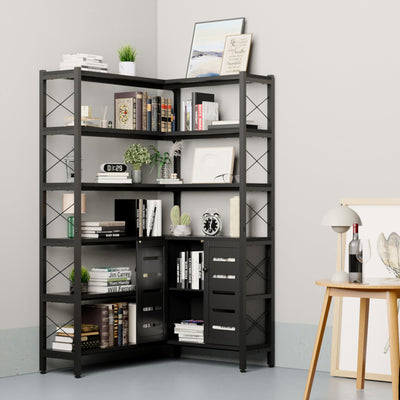 GLAUBIO 6 Tier Small Corner Bookshelf with Storage Cabinet,L Shaped Black Bookshelf with Doors,Industrial Corner Plant Stand,Corner Book Shelf,Small Bookcase for Living Room, Home Office