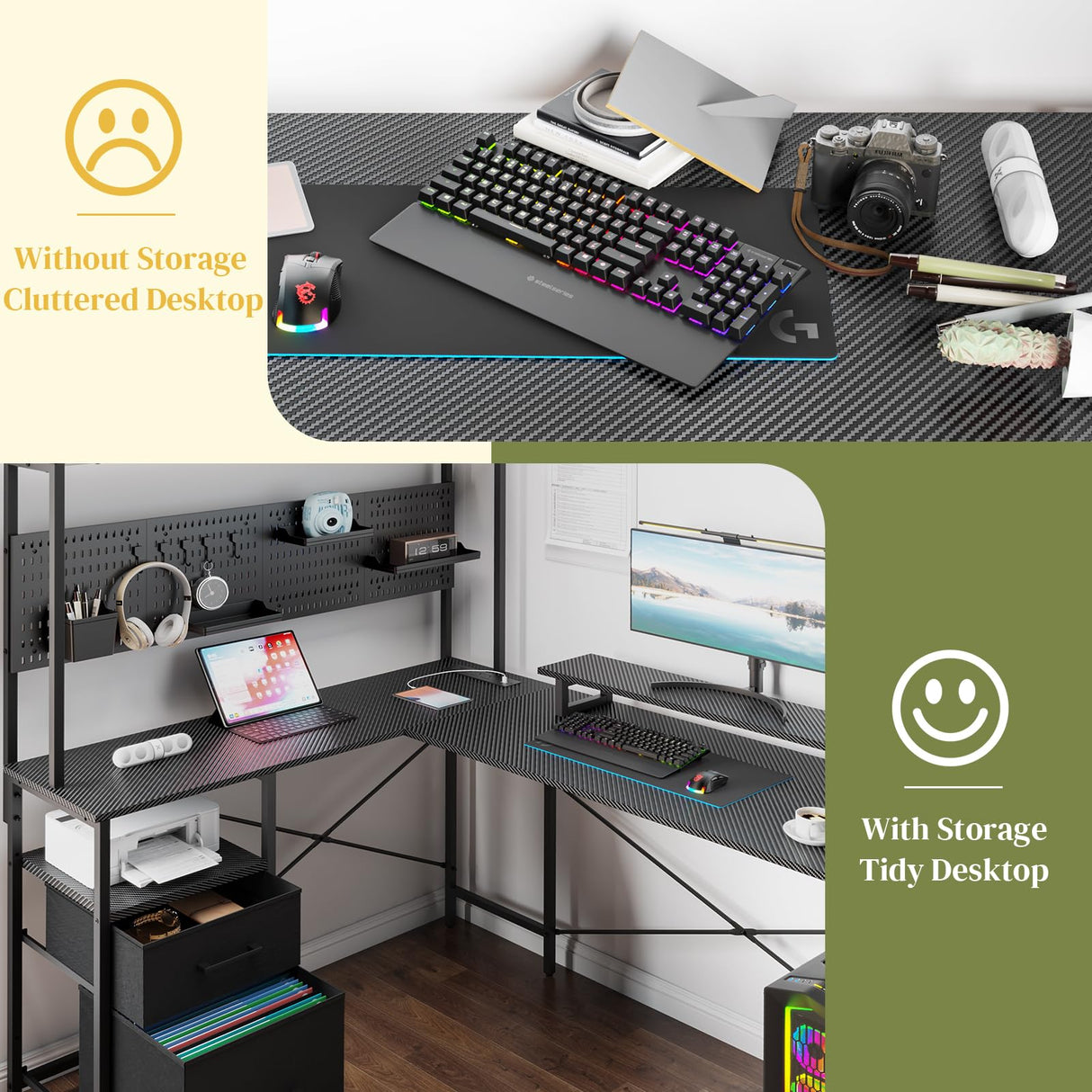 Yoobure L Shaped Desk with Pegboard, Reversible Computer Desk with Drawers & Storage Shelves, Gaming Desk with LED Lights & Power Outlets, Office Desk with Monitor Stand Corner Desk Home Office Desks Yoobure