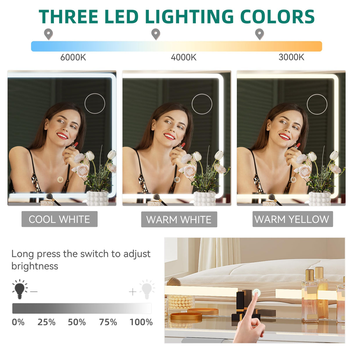 YITAHOME Vanity Set, Makeup Vanity Desk with Adjustable LED Mirror, Power Outlets, 10 Drawers, Magnifying Glass, Tempered Glass Top, Hairdryer Holder, Stool for Bathroom, Makeup Room YITAHOME