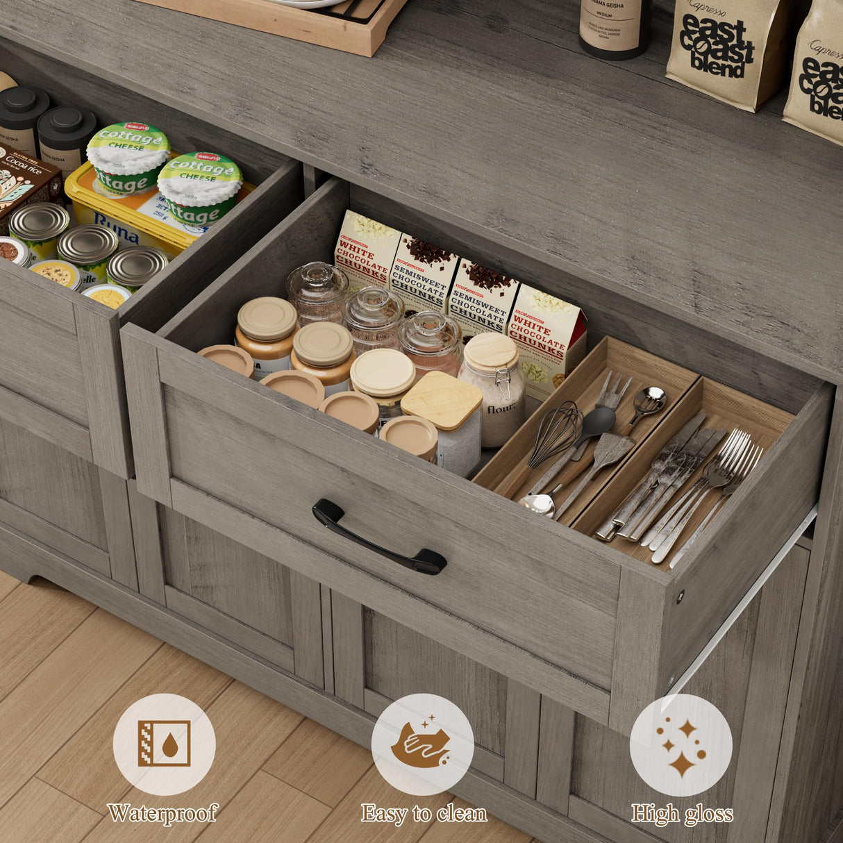 BOTLOG 71" Pantry Storage Cabinet, Farmhouse Food Pantry Cabinet with Microwave Stand, Kitchen Hutch with Large Drawer and Shelves for Dining Room Farmhouse Grey BOTLOG