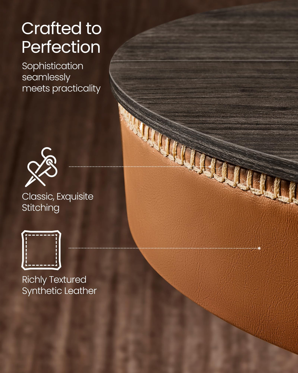 VASAGLE EKHO Collection - Height Adjustable Bar Table, Round High Pub Table with Storage, Synthetic Leather with Stitching, Mid-Century Modern, Kitchen Home Bar, Ash Brown and Caramel Brown VASAGLE