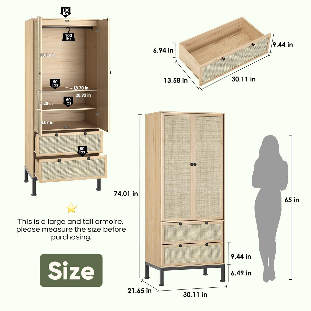Yechen Natural Rattan Armoire Storage Cabinet, 74" Tall Armoire Closet with Doors, Adjustable Shelves and Drawers, Large Wooden Armoire Wardrobe with 2 Hanging Rods for Bedroom Utility Pantry Yechen