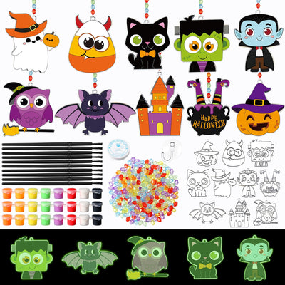Dunzoom 30 Set Halloween Glow in The Dark Suncatchers Kits Halloween Pumpkin Boo Bat Luminous DIY Suncatchers Crafts Make Your Own Suncatcher Paint Sun Catchers Ornaments for Halloween