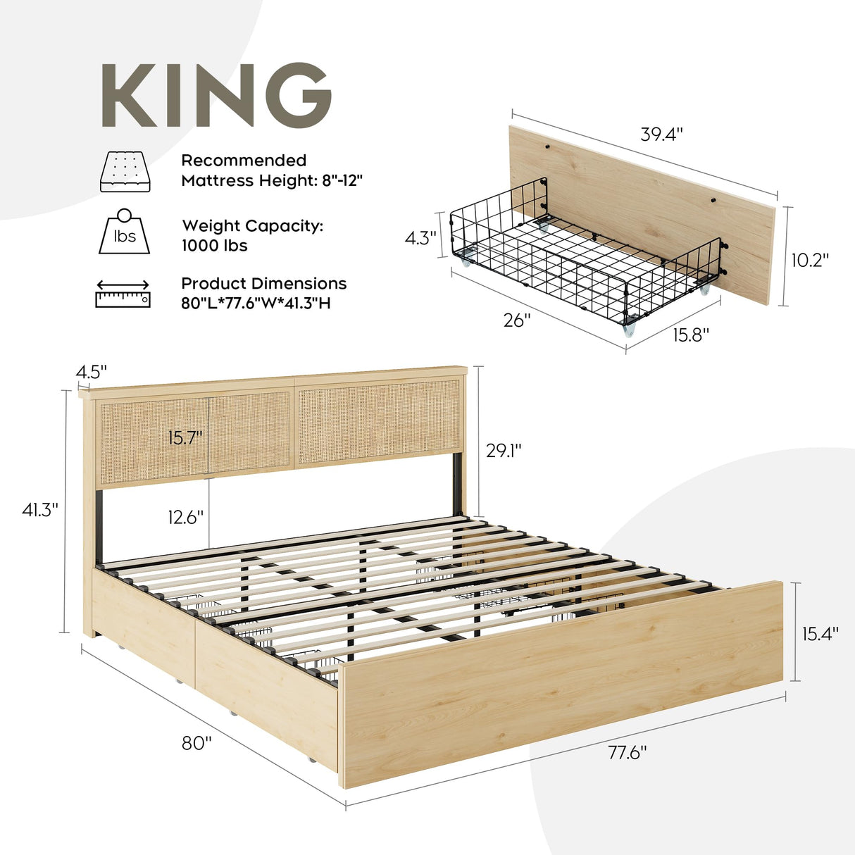 Yechen King Bed Frame with Natural Rattan Headboard and Wooden 4 Storage Drawers, Light Oak Metal Platform Bedframe with Strong Wooden Slats Support, Boho Cane Wood Bed, No Box Spring Needed Yechen