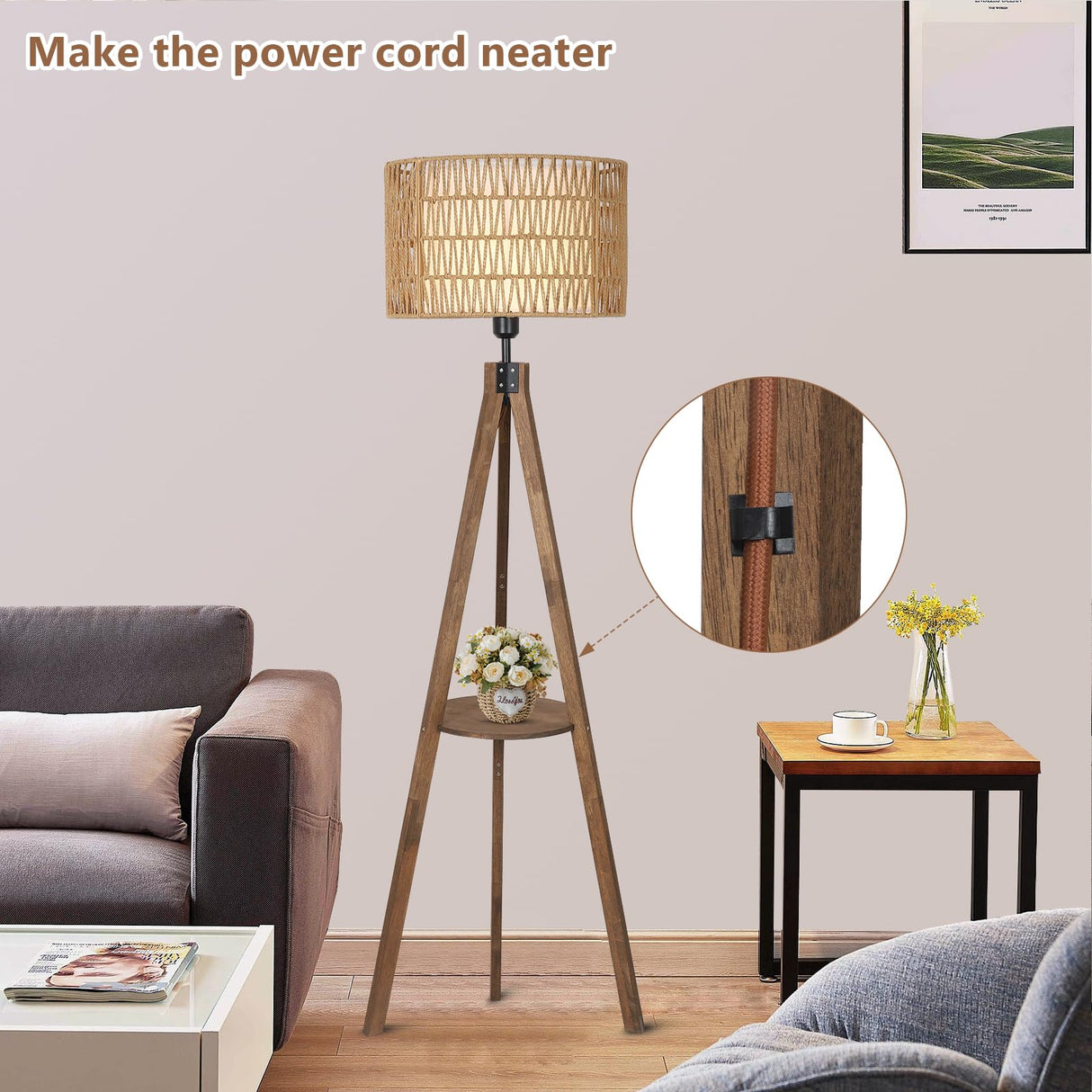 LAMSU Boho Tripod Floor Lamps for Living Room, Rattan Wood Floor Lamp with Fabric Shades, Mid Century Standing Lamp with Shelf, Foot Switch, Modern Farmhouse Tall Lamps for Bedroom Office Brown LAMSU