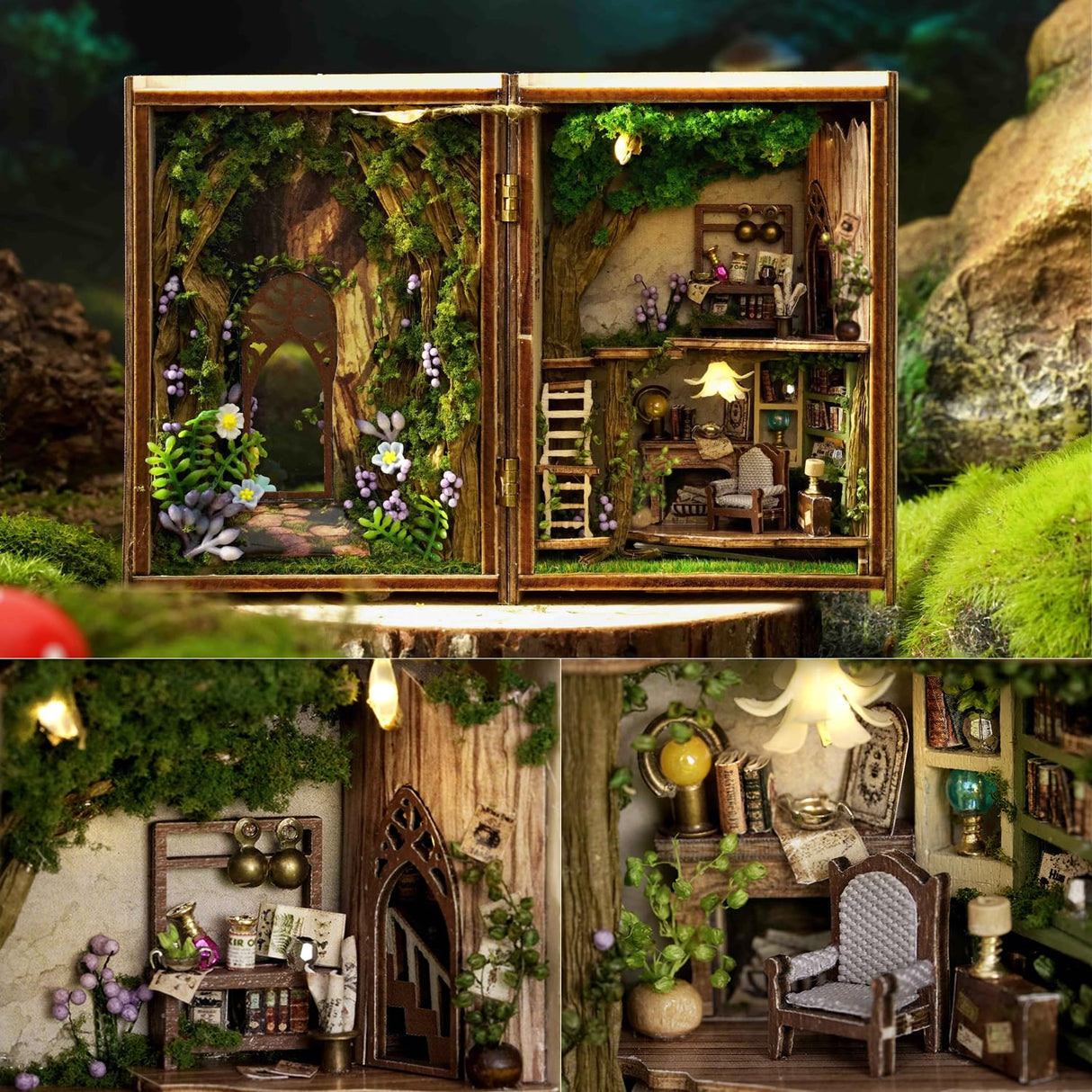 TuKIIE DIY Miniature Dollhouse Kit with Furniture, 1:32 Scale Opened & Closed Mini Cube Wooden Doll House Book Nook Creative Room for Kids Teens Adults(Forest Wonderland) TuKIIE