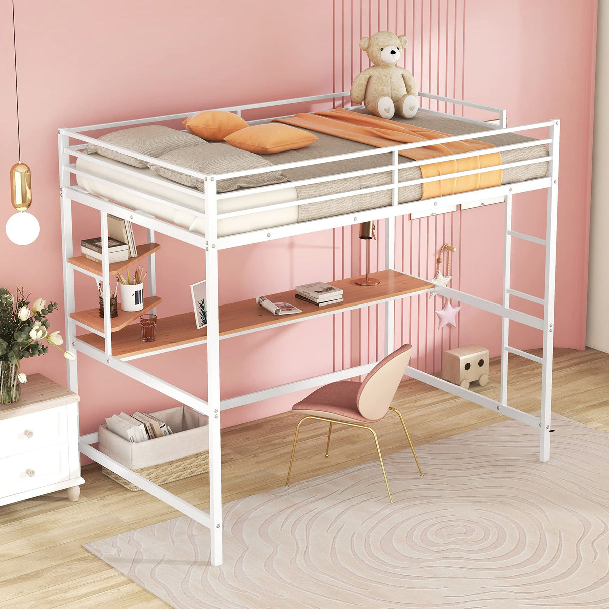 Full Loft Bed with Desk, Metal Loft Bed Frame with Storage Shelves (Full Size, White) Bellemave