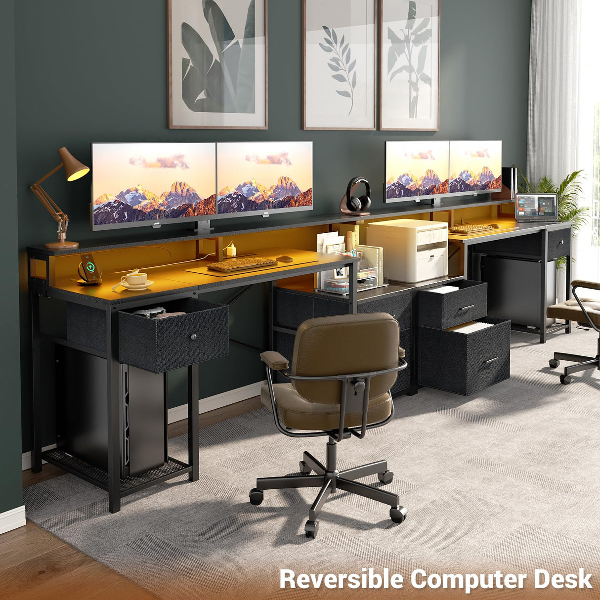 Aheaplus Computer Desk with 3 Drawers, Home Office Desk with File Drawer & Power Outlet, 59'' Gaming Desk with Led Lights, Long Work Desk with Storage Shelves, Printer Cabinet and Monitor Shelf, Black Aheaplus