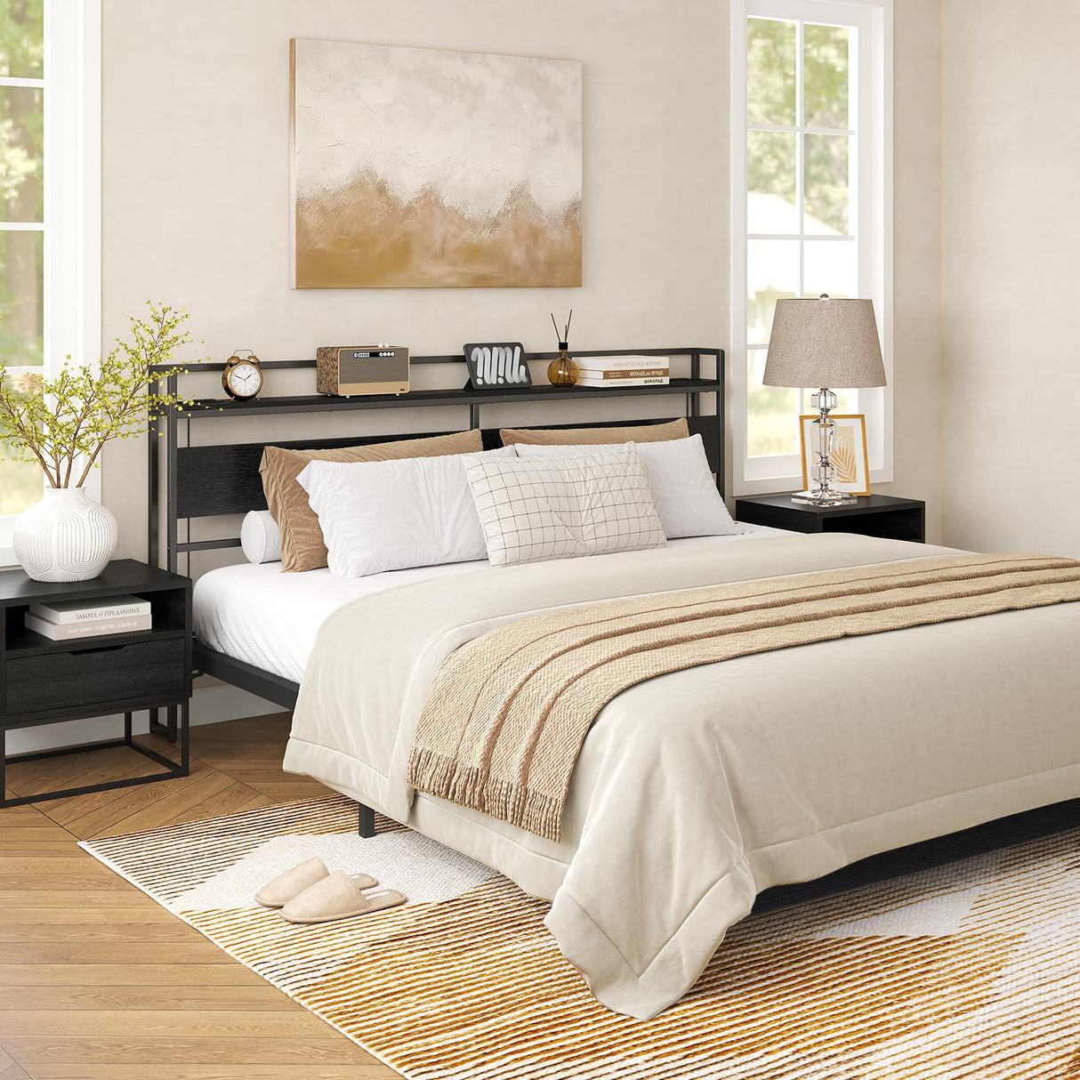 ELYKEN King Size Headboard with Power Outlet & LED Strip Light - Versatile, Easy Assembly in Black ELYKEN