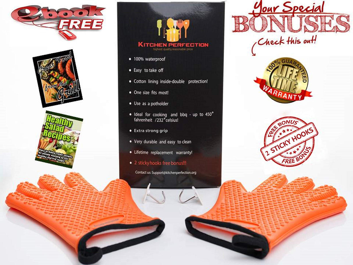 KITCHEN PERFECTION Silicone Smoker Oven Gloves -Extreme Heat Resistant BBQ Gloves -Handle Hot Food Right on Your Grill Fryer Pit|Waterproof Oven Mitts |Superior Value Set+3 Bonuses Kitchen perfection