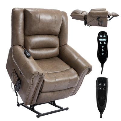 Dual Motor Power Lift Chair, Lay Flat Recliner Chair, Electric Recliner with Massage and Heat for Elderly, Remote Control, Infinite Position, Standing Assistance, USB Ports (Khaki, Genuine Leather)