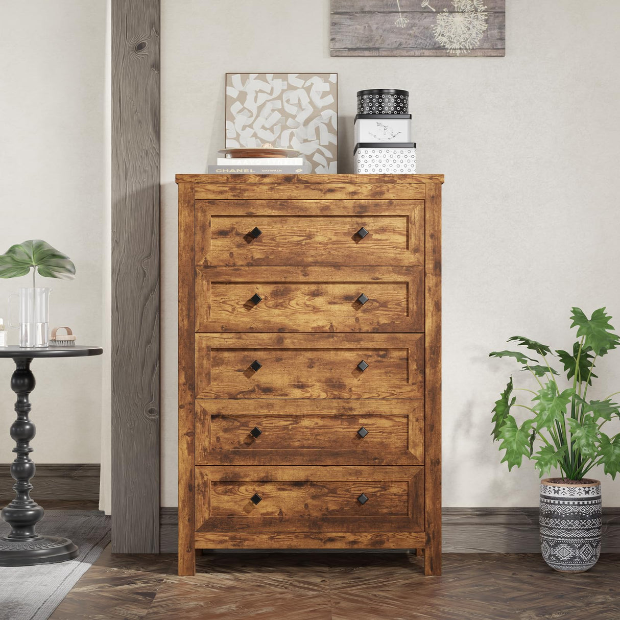 AMERLIFE 5 Drawers Dresser for Bedroom, Farmhouse Wood 47" Tall Dresser for Closet, Natural Texture Chest of Drawers for Bedroom, Living Room, Hallway and Entryway, Rustic Brown AMERLIFE