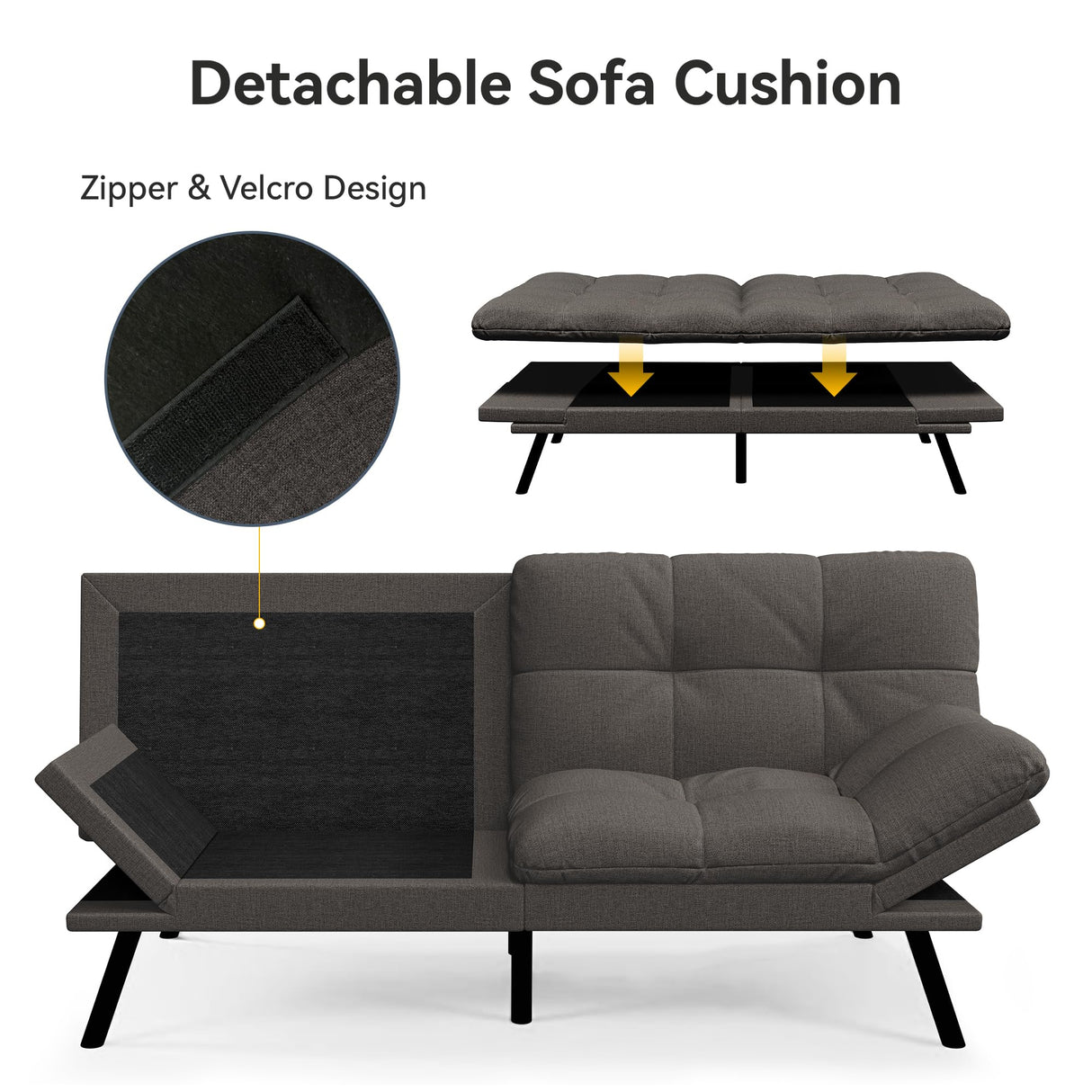 Vipbear Convertible Futon Sofa Bed,Dark Grey Linen Futon Couch with Detachable Cushion,Adjustable Backrest & Armrest,Modern Small Recliner Loveseat Sleeper Couch for Living Room,Office,Apartment Vipbear