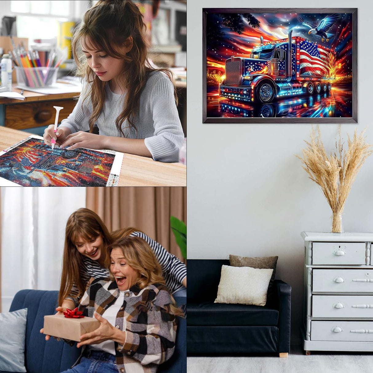 CEOVR Truck Diamond Art Kits for Adults, American Flag Eagle Diamond Painting Dots 5D Full Drill DIY Gem Art for Beginner, Adult Crafts Kits Arts and Crafts, Wall Decor for Home Office 12x16in CEOVR