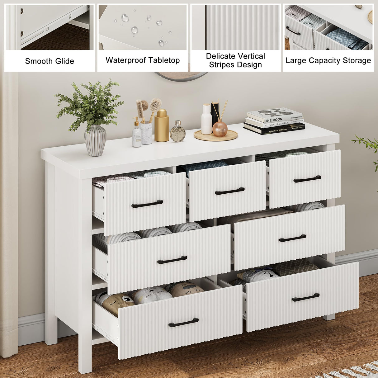 Jocoevol White Dresser 7 Drawer Dresser for Bedroom, Modern Fluted Dresser with Solid Wood Legs, Long Double Wooden Dresser Large Chest of Drawers for Living Room, Entryway, Hallway (White Fluted) Jocoevol