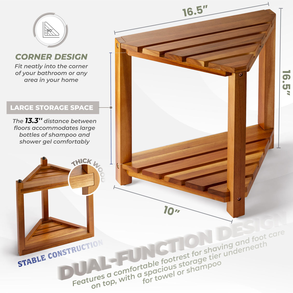 BLUEWEST Corner Shower Stool, Wooden Corner Shower Bench for Shaving Legs Inside Shower, Waterproof Shower Foot Rest with Storage Shelf, Shower Seats and Benches BLUEWEST