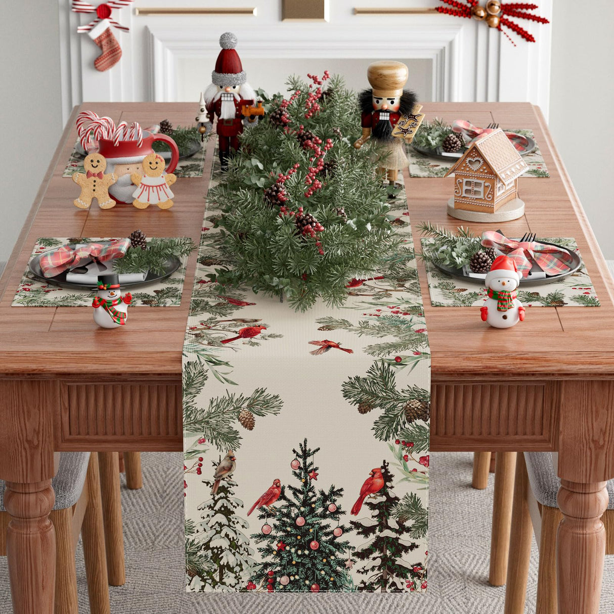 XCHI Cardinal Birds Winter Pine Tree Christmas Xmas Table Runner Table Decoration for Home Kitchen Dining Holiday Decor 13x72 Inch XCHI