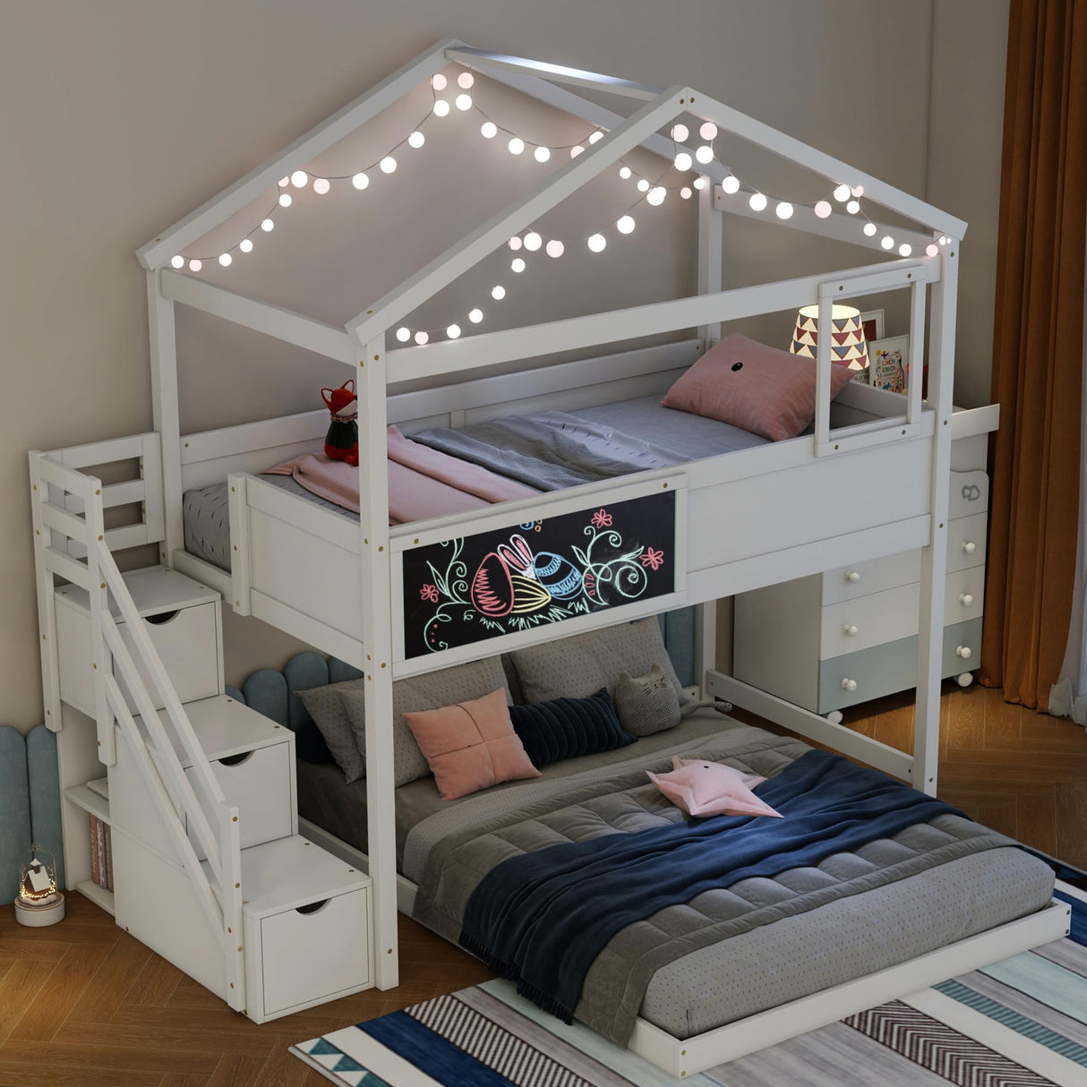 Merax Twin Over Full House Bunk Bed with Storage Staircase & Blackboard, Wood Kids Bunk Bed with Roof and Safety Guardrails, Playhouse Bunk Beds for Kids, Teens, Adults, No Box Spring Required, White Merax