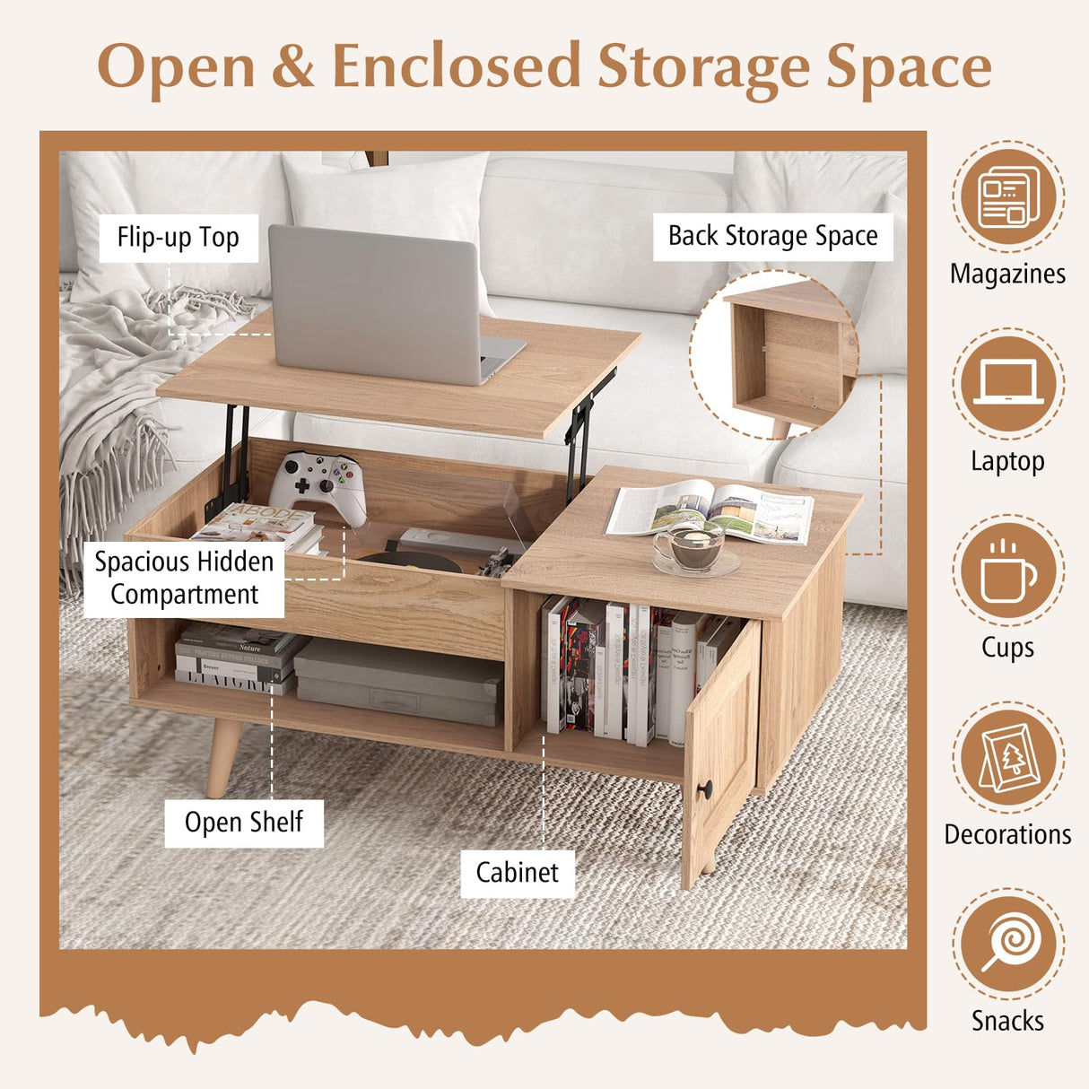 Tangkula Lift Top Coffee Table with Storage, Living Room Table with Hidden Compartment, Cabinet & Open Shelf, Flip Top Center Table, Pull up Coffee Table for Home, Office (Natural) Tangkula