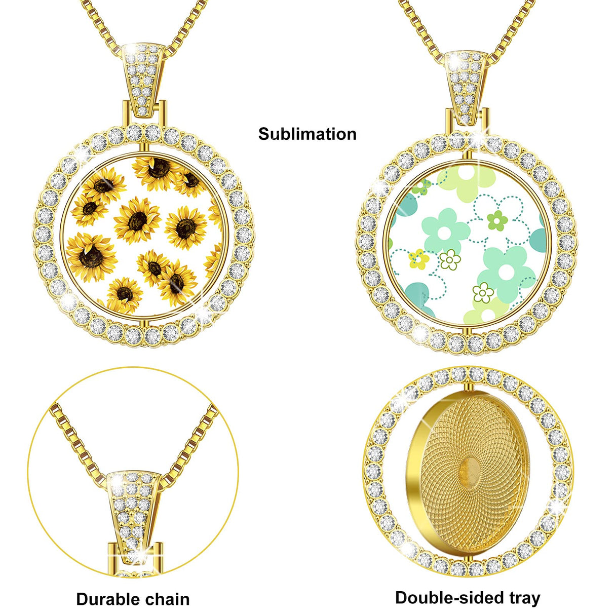 54 Pieces Rhinestone Bezel Pendant Trays Set Includes 9 Pieces Round Rhinestone Bezel Trays Double sided Blank Pendant Charm,9 Pieces Thick Chains with 18 Pieces Sublimation Aluminum Sheets and Glue MTLEE