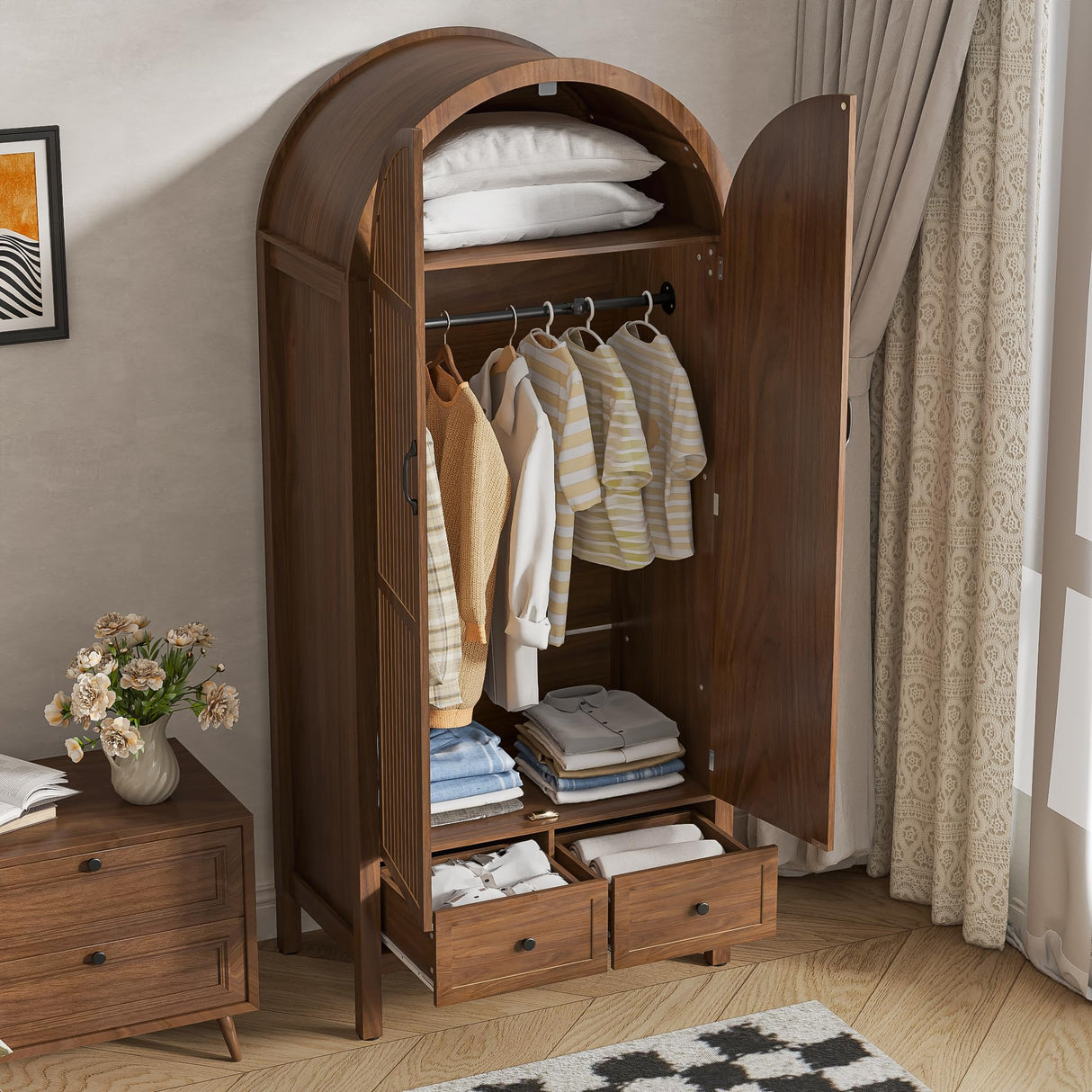 Lxsxlome Wardrobe Closet, Armoire Wardrobe Closet with Drawers and 2 Arched Fluted Doors, 70.87‘’ Tall Wooden Bedroom Armoires with Shelves and Hanging Rod (Walnut-2) Lxsxlome