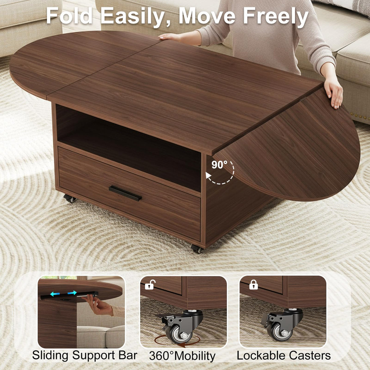 IBF Foldable Coffee Table with Drawer, Wood Living Room Table with Storage, Multifunctional Oval Center Table with Wheels, Extendable Rolling Tea Table for Living Room Home Office, Walnut, 47 Inch IBF