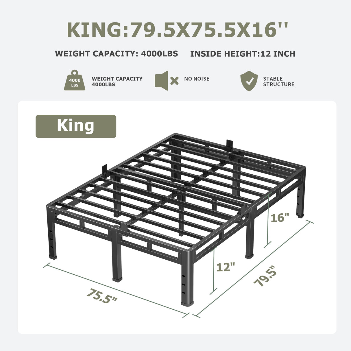 NKZ King Size Bed Frame 16 Inch, Metal Bed Frame & Box Spring 2 in 1 Platform with Round Corner Legs, 4000lbs Weight Capacity Reinforced Metal Frame, Headboard Hole, Noise-Free, Easy Assembly NKZ