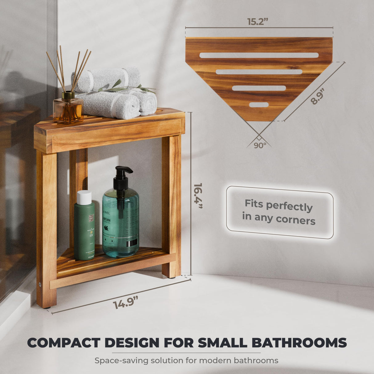 BLUEWEST Shower Foot Rest, Corner Shower Stool, Wooden Shower Foot Stool for Shaving Legs Inside Shower, Waterproof Shower Foot Rest with Storage Shelf for Small Shower Space, Shower Seats and Benches BLUEWEST