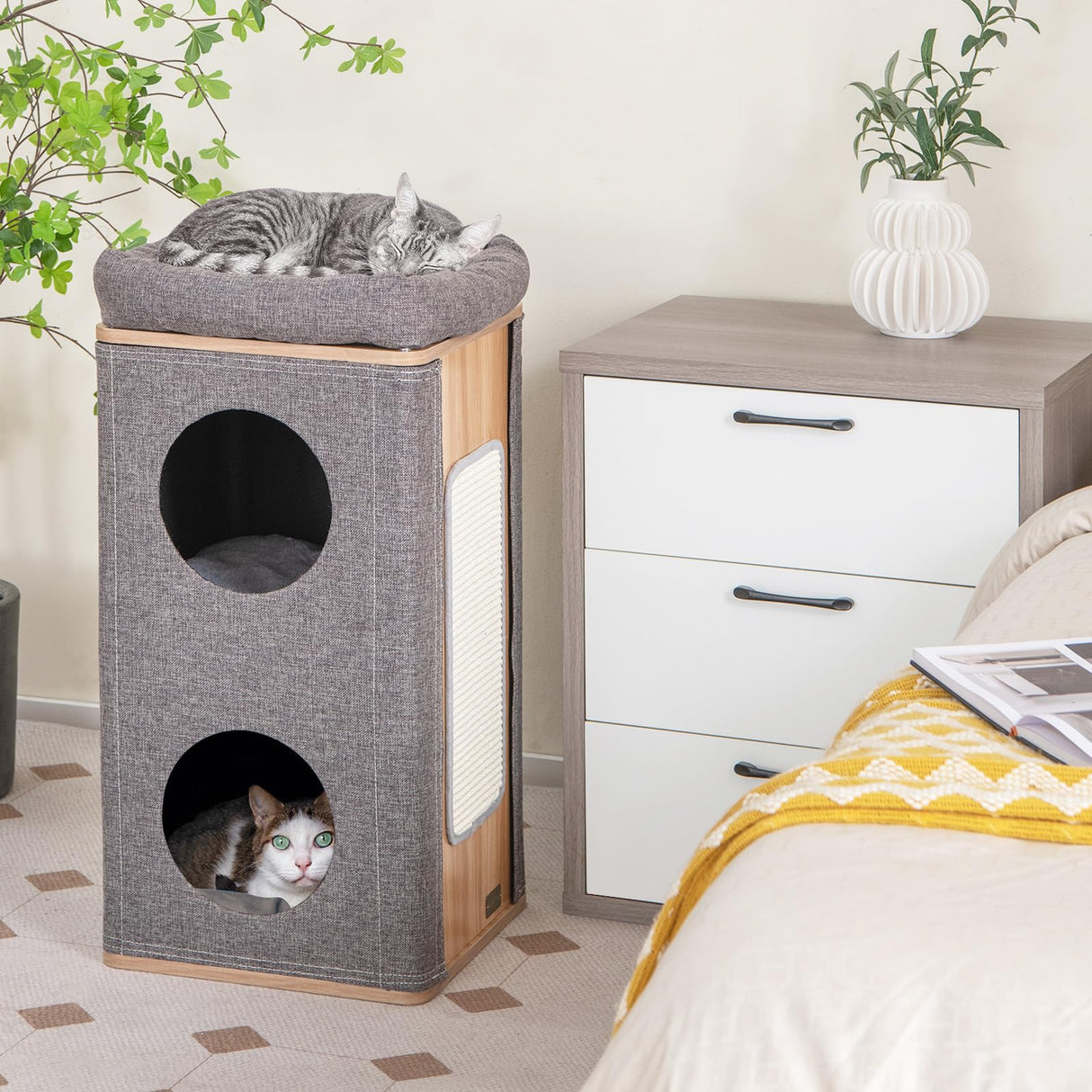 Tangkula 3-Story Cat Tree Condo, Wooden Cat House with Scratching Board, 2 Hideaways & Removable Soft Top Plush Bed, Modern Barrel-Shaped Cat Tower Furniture for Indoor Cats (Grey) Tangkula