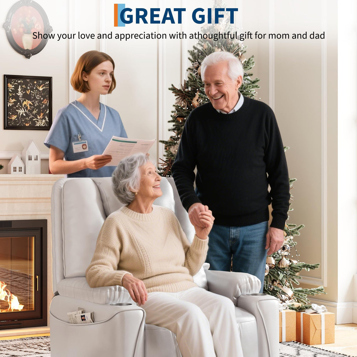 Power Lift Recliner Chair Sofa, Electric Recliner Chair for Seniors, Stand Assist, USB Charging Ports, Cup Holders, Side Storage Pockets, Remote Control, Home Theater Seating for Living Room, White GAOMON