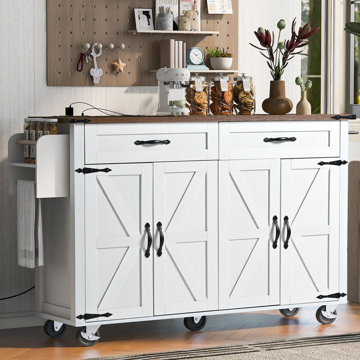 Amposei Farmhouse Rolling Kitchen Island with Power Outlet, Drop Leaf Breakfast Bar, Wooden Mobile Storage Island Cart on Wheels with Drawers, Spice Rack for Kitchen Dining Room (Retro White) Amposei