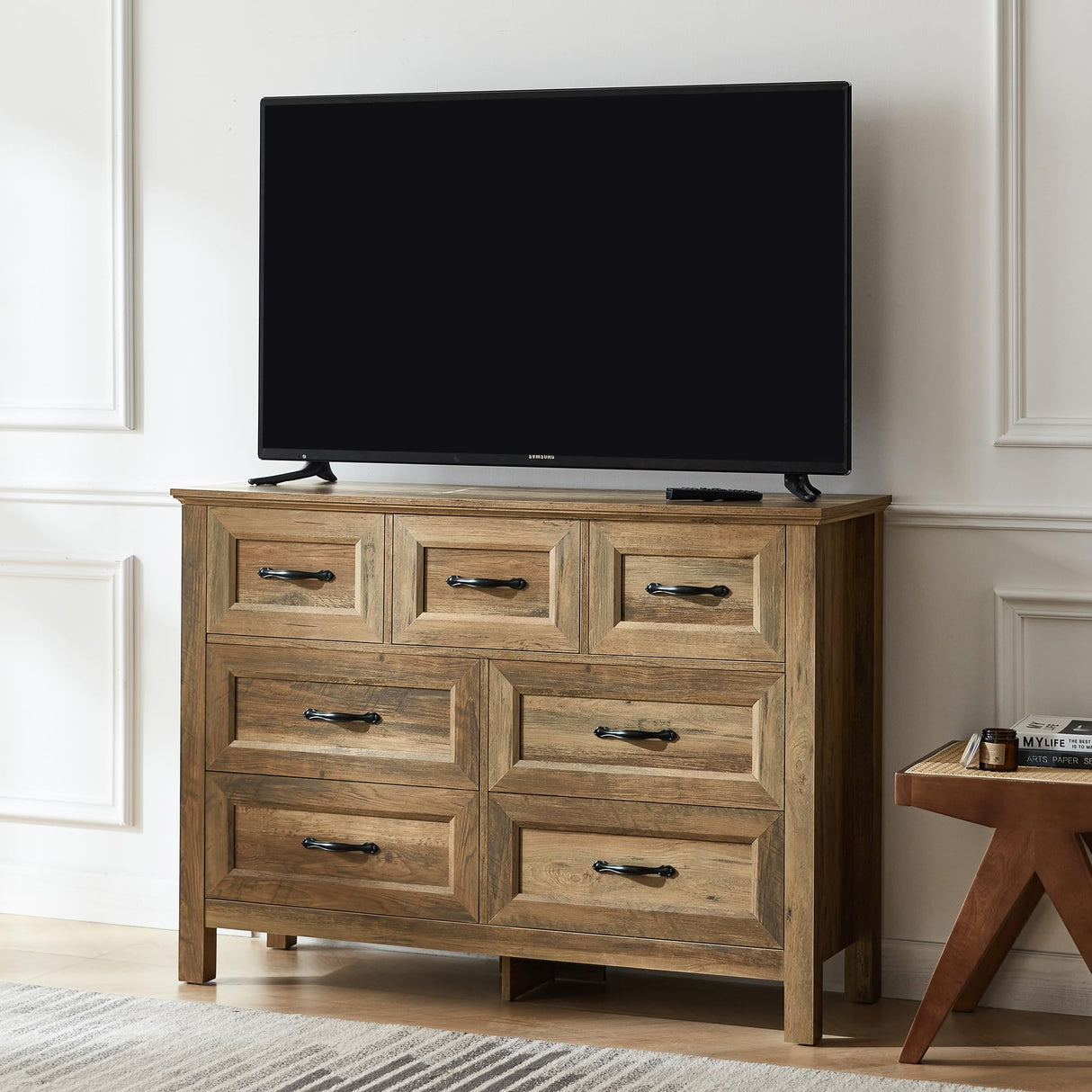 LINSY HOME 7 Drawers Dresser for Bedroom, Wood Bedroom Dresser Farmhouse Drawer Chest, Tall Dressers Organizer for Closet, Living Room, Hallway LINSY HOME