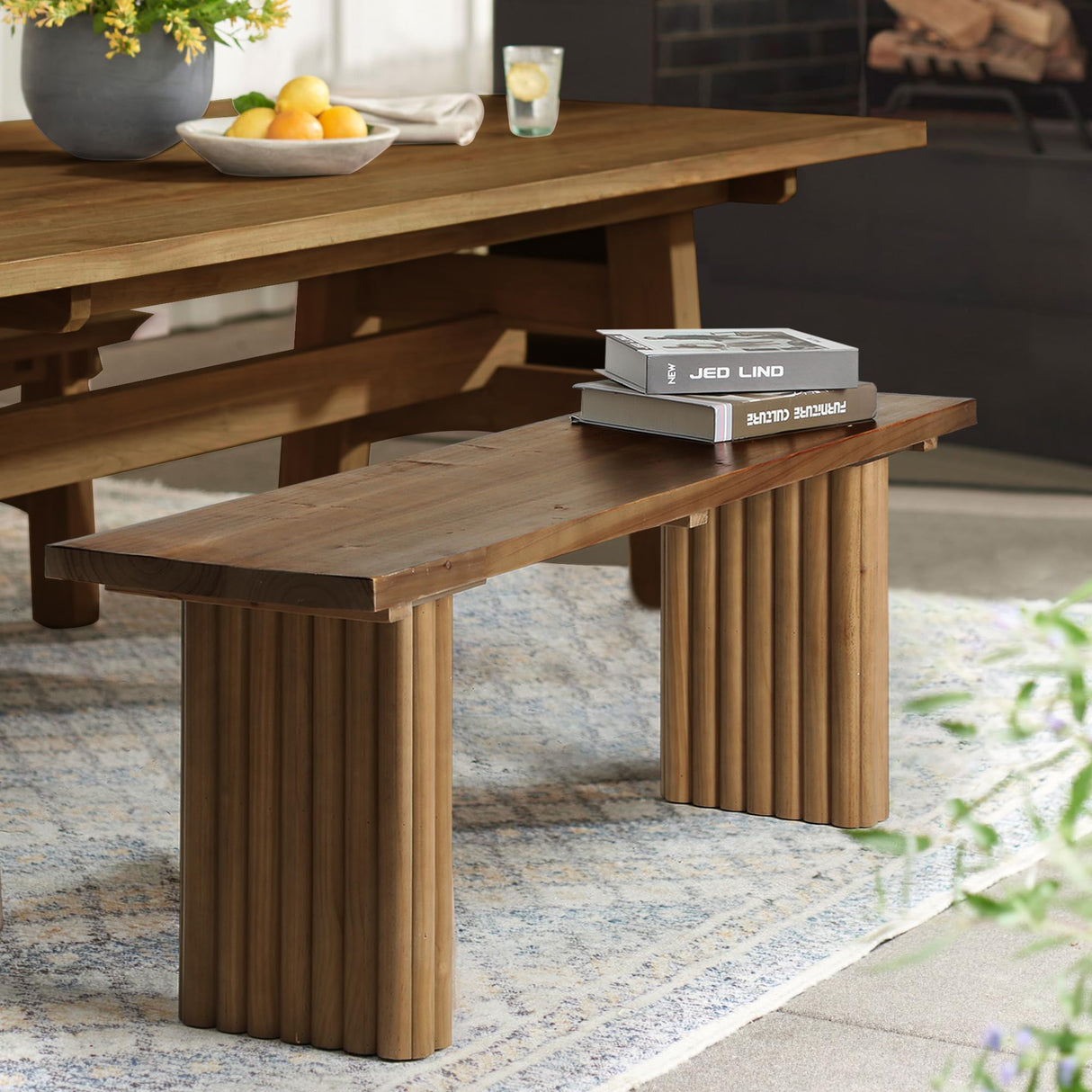 WINWY Solid Wood Entryway Bench - 43.3" Fluted Farmhouse Bench, Indoor Long Dining Bench Seat Narrow End of Bed Bench for Entry Way, Kitchen, Living Room and Bedroom, Brown WINWY