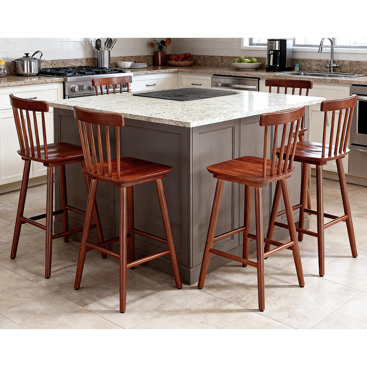 chairus 26" Farmhouse Wooden Bar Stools Set of 2, Windsor Spindle Back Counter Height Stools, Modern Armless Bar Chairs for Kitchen Island Dining Room Cafe, Walnut Brown chairus