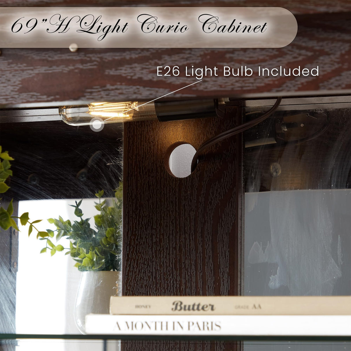 CKEASEAN Glass Display Cabinet, 69" H Curio Cabinet with Adjustable Shelves and 4 Glass Doors, Light Bulb Included, Elegant Antique Showcase, Rack for Living Room/Home Office (Dark Cherry) CKEASEAN