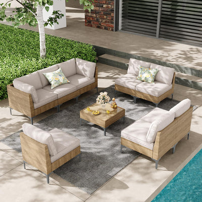 JOYURE 9 Piece Wicker Patio Furniture Set,Outdoor Conversation Sectional Sofa w/Coffee Table,All-Weather Outdoor Sofa with Thick and Anti-Slip Cushions for Deck,Poolside,Garden,Beige