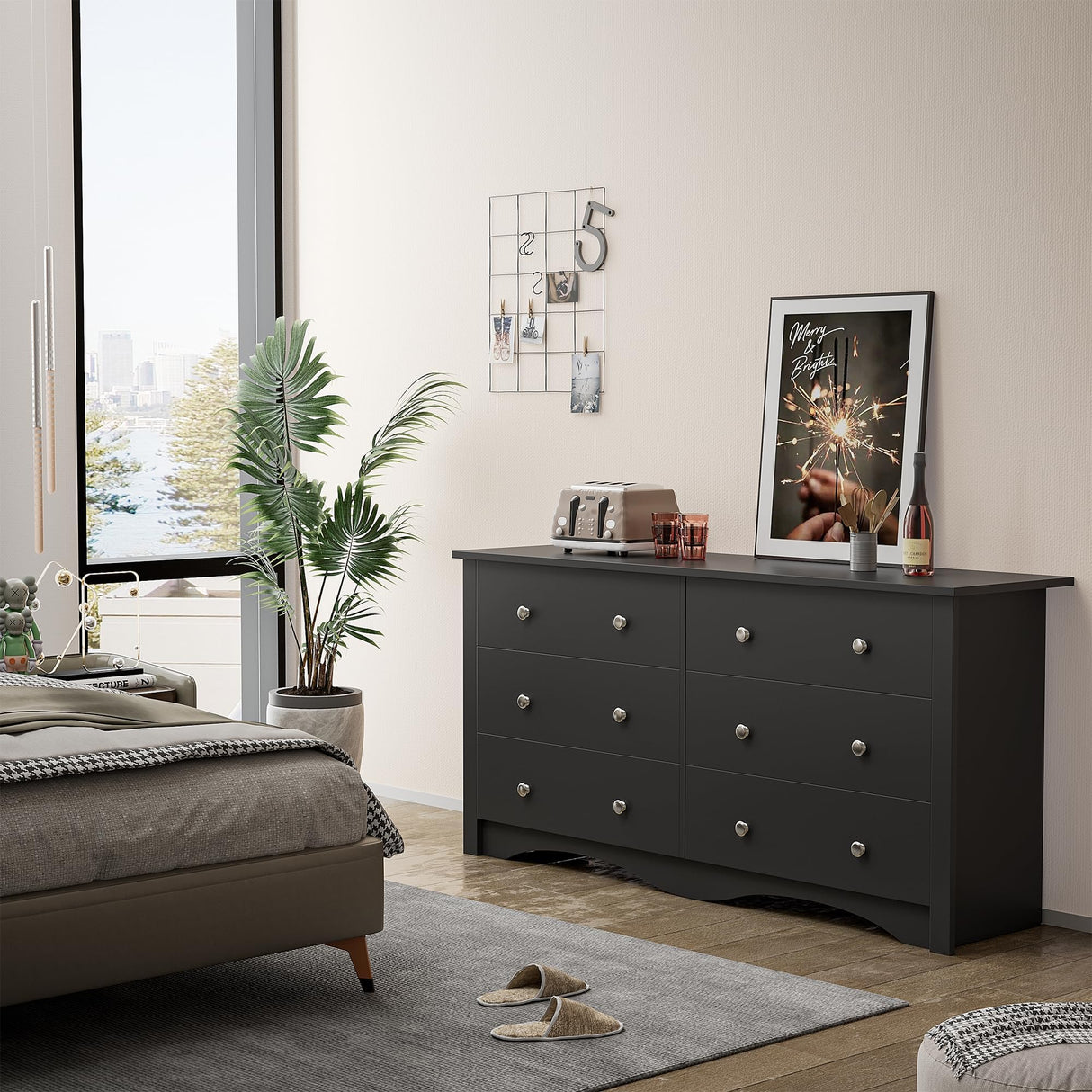 Flamaker 6 Drawer Dresser Chests for Bedroom, Storage Dressers Organizer with Anti-Tilt Devices, Modern Wide Wood Chest of Drawers for Living Room Hallway Entryway (Black) Flamaker