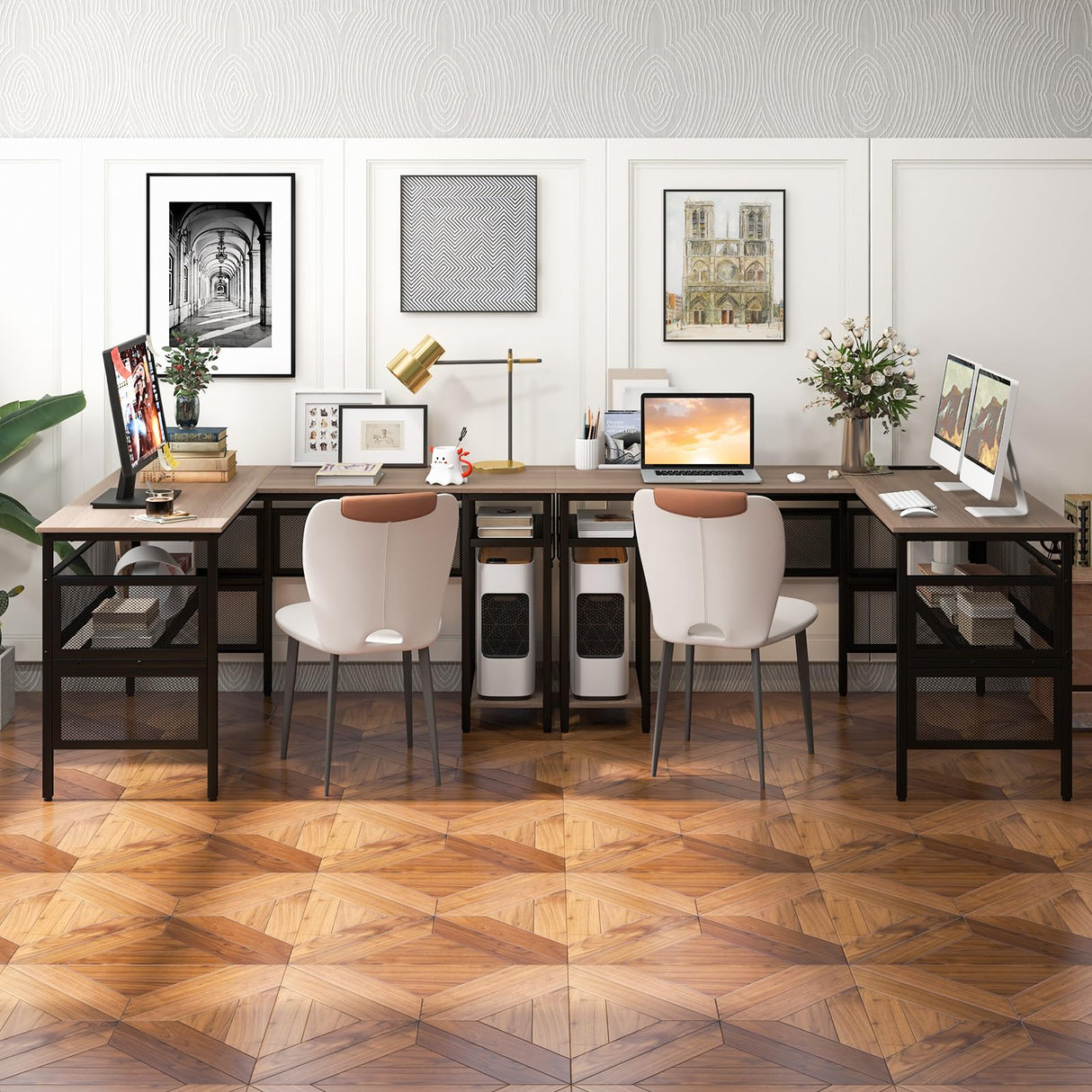 COSTWAY L Shaped Desk with Charging Station, 55” Reversible Corner Computer Desk with Mesh Storage Shelves, CPU Stand, 2 Person Gaming Desk Computer Workstation for Home Office COSTWAY