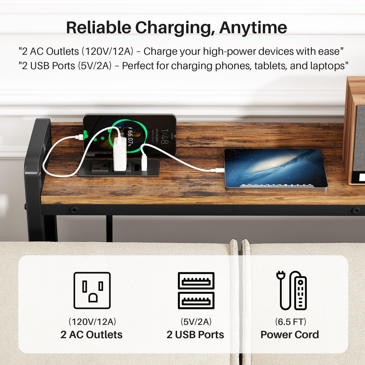 Kitstorack Rustic Brown Narrow Console Table for Behind Sofa, Elevated Rear Fence & Built-in Power Outlets, Includes 6.5' Power Cord, 5.9" D x 39.4" L x 33.3" H Kitstorack