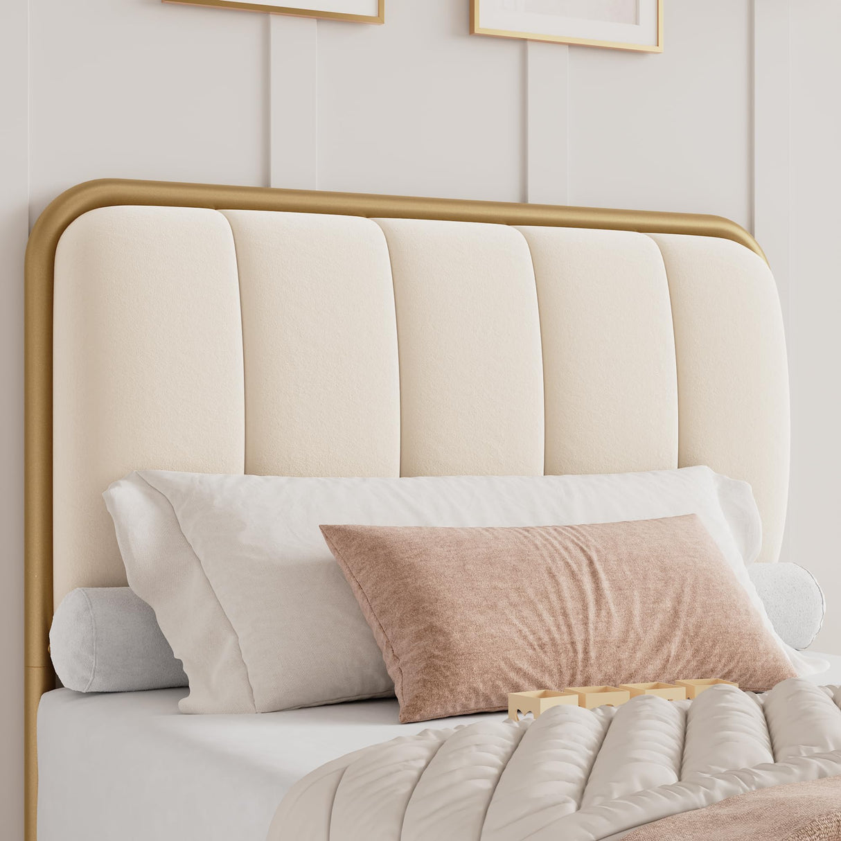 HITHOS Twin Size Bed Frame with Button Tufted Headboard, Upholstered Heavy Duty Metal Mattress Foundation with Wooden Slats, Easy Assembly, No Box Spring Needed (Golden/Off White, Twin) HITHOS