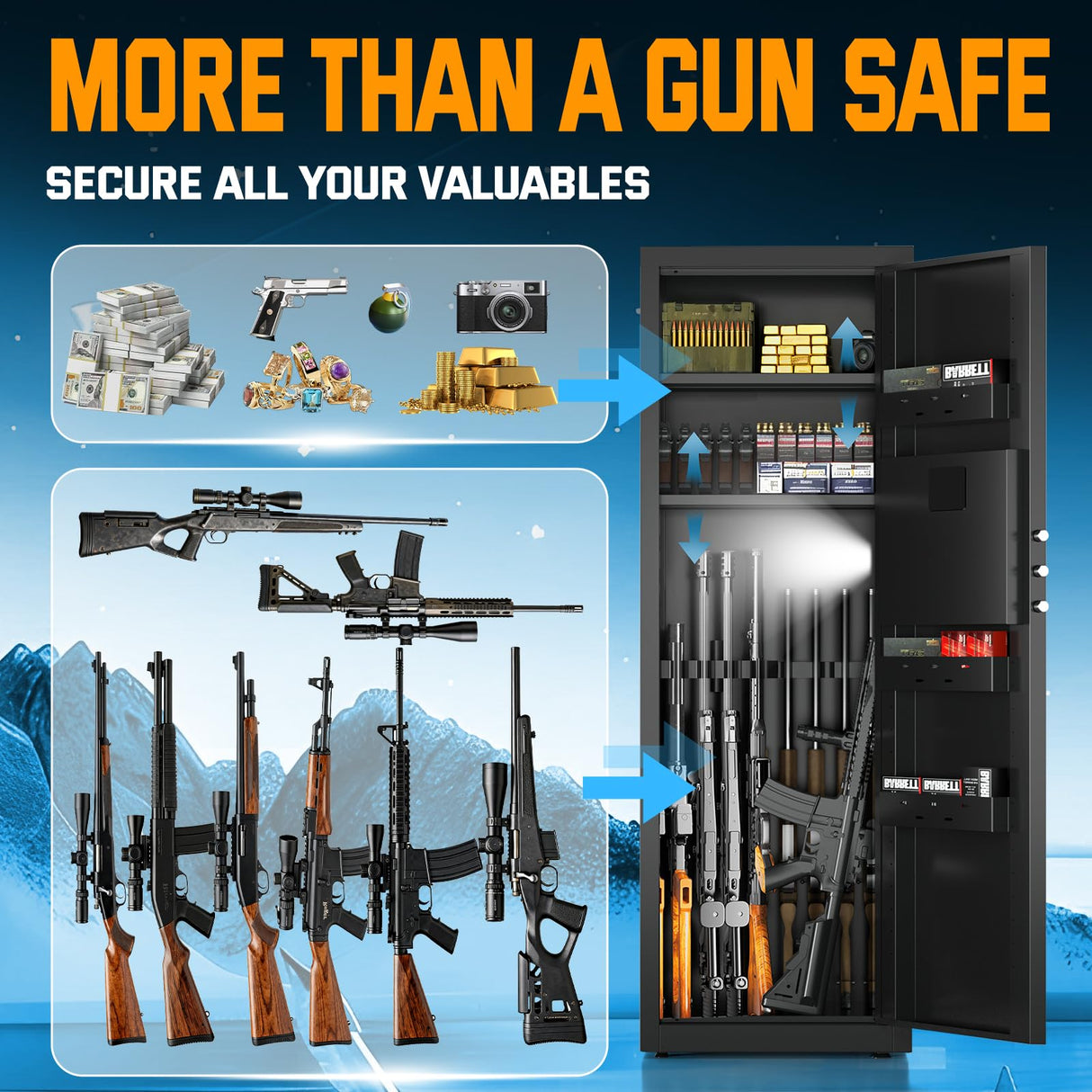 8-10 Long Gun Safe for Rifles and Pistols with Digtal Keypad, Quick Access Rifle Safe with Dual Alarm and Mute Mode, Gun Cabinets for Rifles and Shotguns with 2 Removable Shleves, Easy Assemble Yiosotne