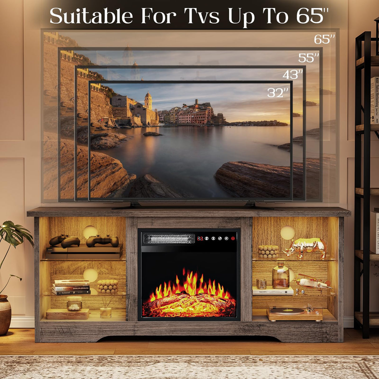 VITESSE 58 Inches Fireplace TV Stand for TVs up to 65 Inches Console with 18'' Electric Fireplace & Remote,Wooden Modern Entertainment Center for Living Room with LED Light Glass Shelves(Gray) VITESSE